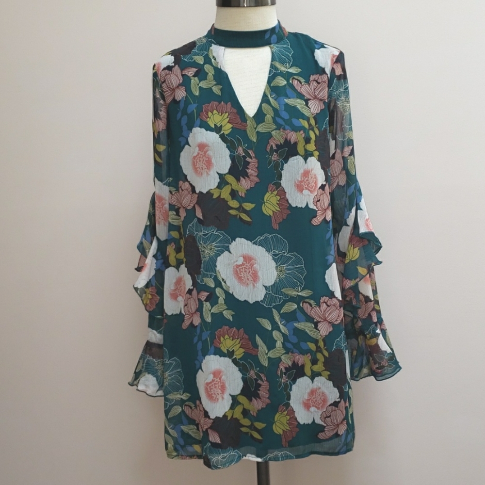 As U Wish Blue and White Floral Ruffle Long Sleeve Mini Dress, Size Small